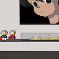 Cozy Burning Fireplace with Flames and Small Toy Figures Under Large Cartoon Wall Artwork