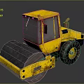 Yellow Road Roller With Large Drum Cab And Worn Tires On Reflective Surface