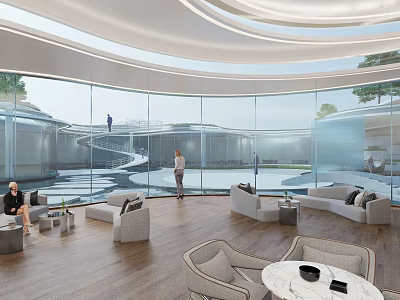 Modern Lounge Area With Comfortable Sofas Glass Walls And Wooden Flooring 3d model