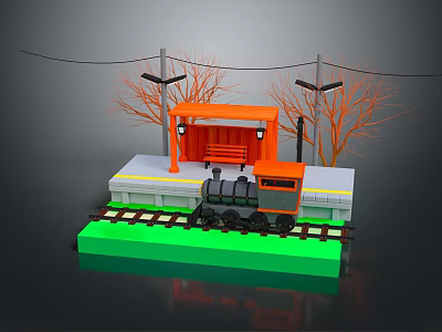 Electric Toy Train Play Set With Platform Railway Track Street Lights And Trees 3d model