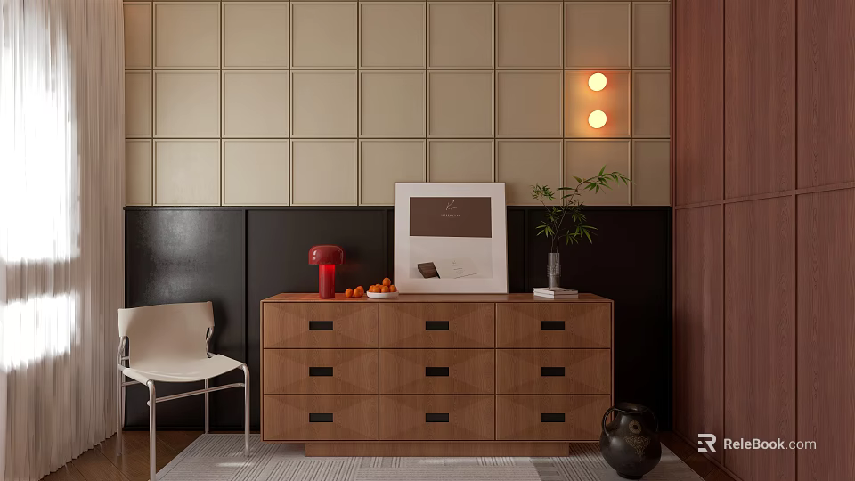 Modern Wooden Chest Of Drawers Interior With Beige And Black Walls And Decorative Elements 3d model 