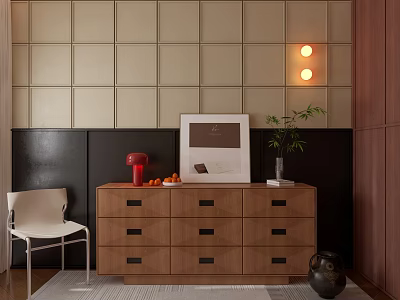 Modern Wooden Chest Of Drawers Interior With Beige And Black Walls And Decorative Elements 3d model