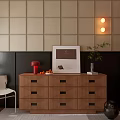 Modern Wooden Chest Of Drawers Interior With Beige And Black Walls And Decorative Elements