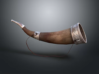 Traditional Handmade Horn Drinking Vessel With Natural Material Silver Bands And Red Cord 3d model