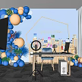 Public Office Space With Blue Balloons Christmas Tree Special Offer Sign Desk Computer And Microphone