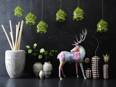 Hanging Decorative Bonsai Plants for Indoor Space with Colorful Deer Statue and Ceramic Vases 3d model