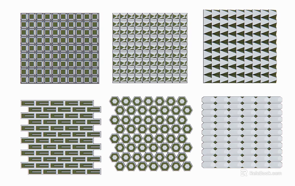 Different Patterned Floor Tiles Featuring Green And White Color Designs 3d model 