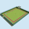 Green Grass Soccer Field With Red Running Track Surrounding Fence And Small Building