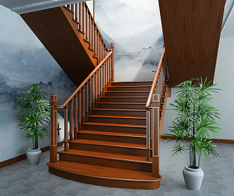 New Chinese Stairs Solid Wood Stairs 3d model