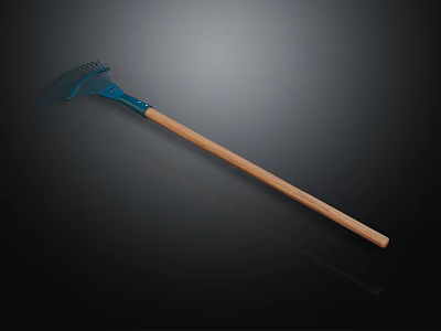 Durable Agricultural Equipment Blue Rake with Wooden Handle for Farming Use 3d model