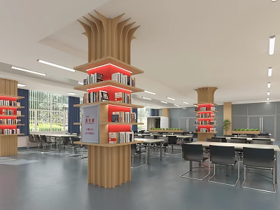 School Library Interior With Wooden Columns Bookshelves Study Desks And Natural Light 3d model