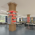School Library Interior With Wooden Columns Bookshelves Study Desks And Natural Light