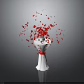 White Vase With Red Ribbon And Scattered Red Petals On Dark Surface