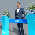 Blue Stanchion Line With Logo Flower Arrangements And Men In Suits