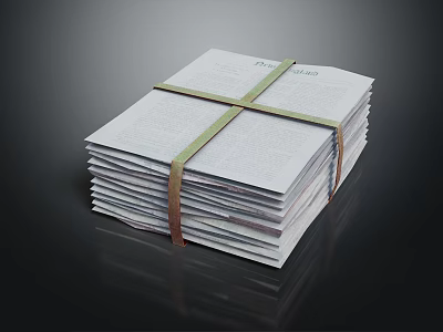 Organized Stack of Books and Magazines Tied with String on Dark Background 3d model