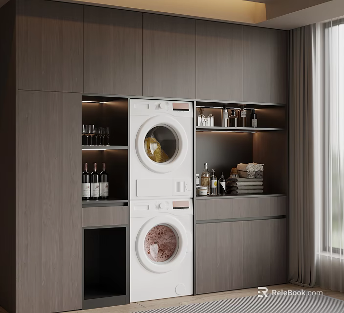 Sleek Modern Balcony Cabinet With Built In Stacked Washing Machines And Open Shelves 3d model 
