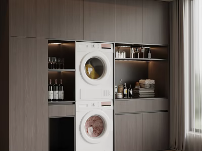 Sleek Modern Balcony Cabinet With Built In Stacked Washing Machines And Open Shelves 3d model