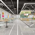 Spacious Modern Cafeteria Interior With Tables Chairs Bright Lighting And Green Counter 3d model
