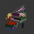 Black Grand Piano With Open Lid And Girl In Red Dress Playing