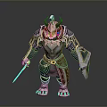 Mythical Man In Detailed Armor With Horns Holding Shield And Sword