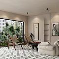 Modern Exhibition Hall Interior With White Sofa Art Paintings Green Plants And Geometric Floor