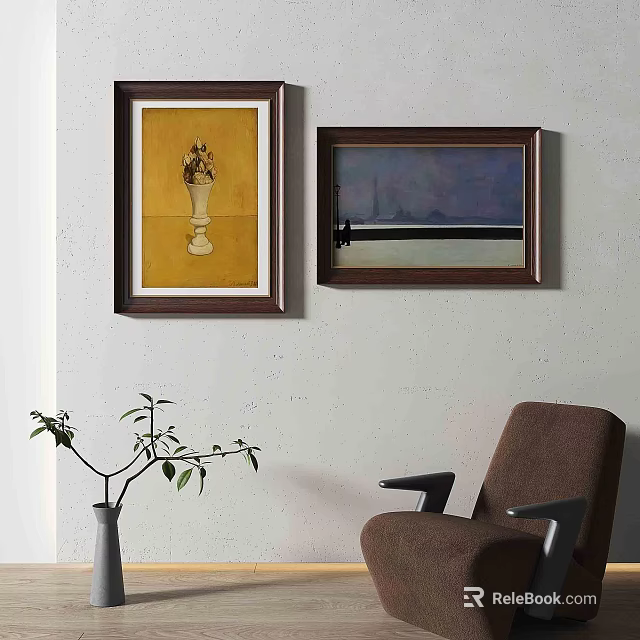 Two Framed Oil Paintings Hanging On White Wall In Living Room Interior 3d model 