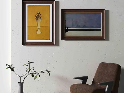 Two Framed Oil Paintings Hanging On White Wall In Living Room Interior 3d model