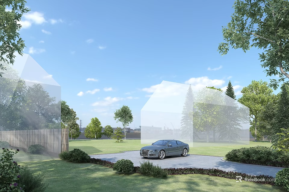 Garden Landscape Design With Lush Lawn Trees Shrubs Driveway And Parked Car 3d model 