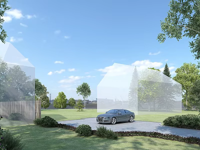Garden Landscape Design With Lush Lawn Trees Shrubs Driveway And Parked Car 3d model