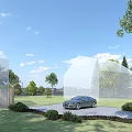 Garden Landscape Design With Lush Lawn Trees Shrubs Driveway And Parked Car