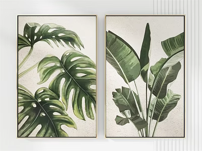 Two Botanical Plant Paintings With Green Tropical Leaves And Black Frames 3d model