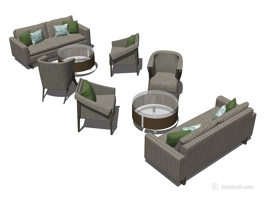 Modern Sofa Coffee Table Set With Multiple Sofas Round Tables And Green Accent Pillows 3d model