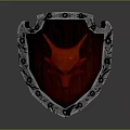 Mythical Shield Weapon Featuring Red Demon Horns Wooden Surface Silver Decorative Edges