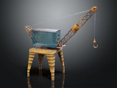 Industrial Crane Model Featuring Blue Control Room And Yellow Boom Legs 3d model