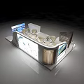 Modern Exhibition Booth Interior With White Curved Walls Round Tables Green Plants And Display Screens