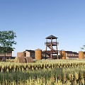 Idyllic Rural Landscape With Thatched Hut Watchtower Silos Rice Fields Trees And Road