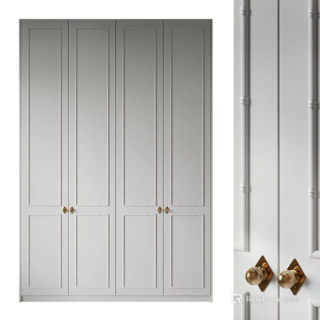 Sleek White Wardrobe With Vertical Panel Design And Brass Handles 3d model 