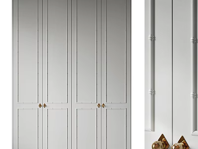 Sleek White Wardrobe With Vertical Panel Design And Brass Handles 3d model