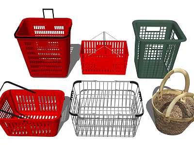 Public Shopping Baskets in Various Colors and Materials Including Plastic Metal and Woven 3d model