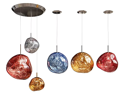 Colorful Textured Glass Pendant Lights With Silver Metal Hanging Rods 3d model