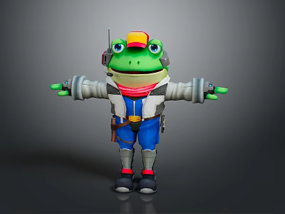 Cartoon Reptile Character Wearing Pilot Hat Headphones Jacket And Pants With Arms Outstretched 3d model