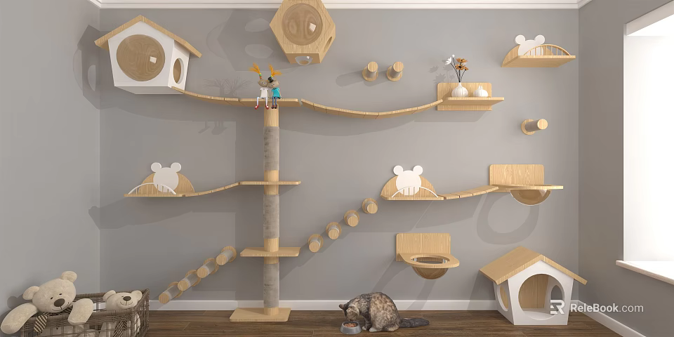 Wooden Cat Tree With Wall Mounted Houses Scratching Posts And Toys 3d model 