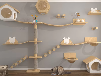 Wooden Cat Tree With Wall Mounted Houses Scratching Posts And Toys 3d model