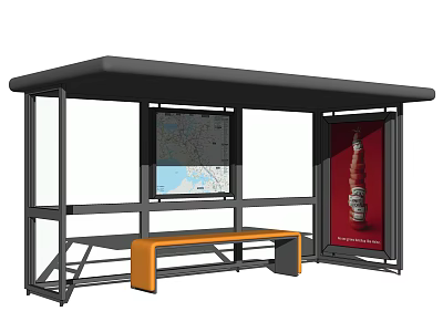 Modern Bus Station Shelter With Black Roof Orange Bench Map Display And Advertising Poster 3d model
