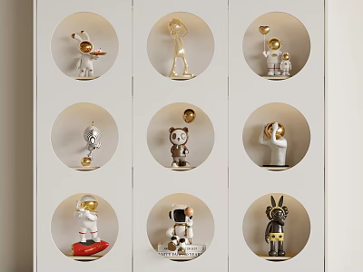 Modern Decorative Ornament Set With Miniature Astronaut Animal Figurines In Circular Niche Display Cabinet 3d model