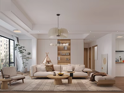Modern Living and Dining Room Interior With Sofa Coffee Table And Chandelier 3d model