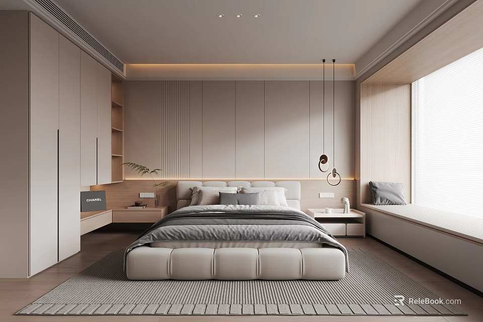 Modern Bedroom Interior With Minimalist Headboard Pendant Lights Nightstands And Neutral Tones 3d model 
