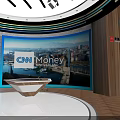Professional News Studio With CNN Money Logo Presenters Large Screen And City Backdrop