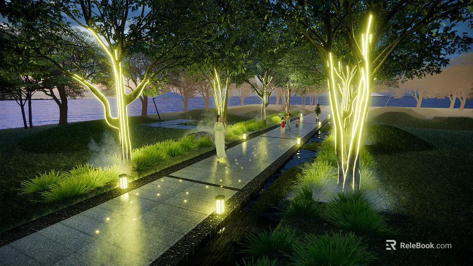 Outdoor Lights Illuminating Tree Trunks And Pathway In Evening Walkway With Lawn And Water Feature 3d model 