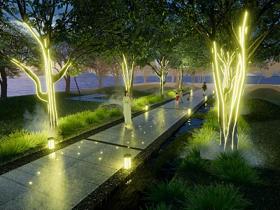 Outdoor Lights Illuminating Tree Trunks And Pathway In Evening Walkway With Lawn And Water Feature 3d model